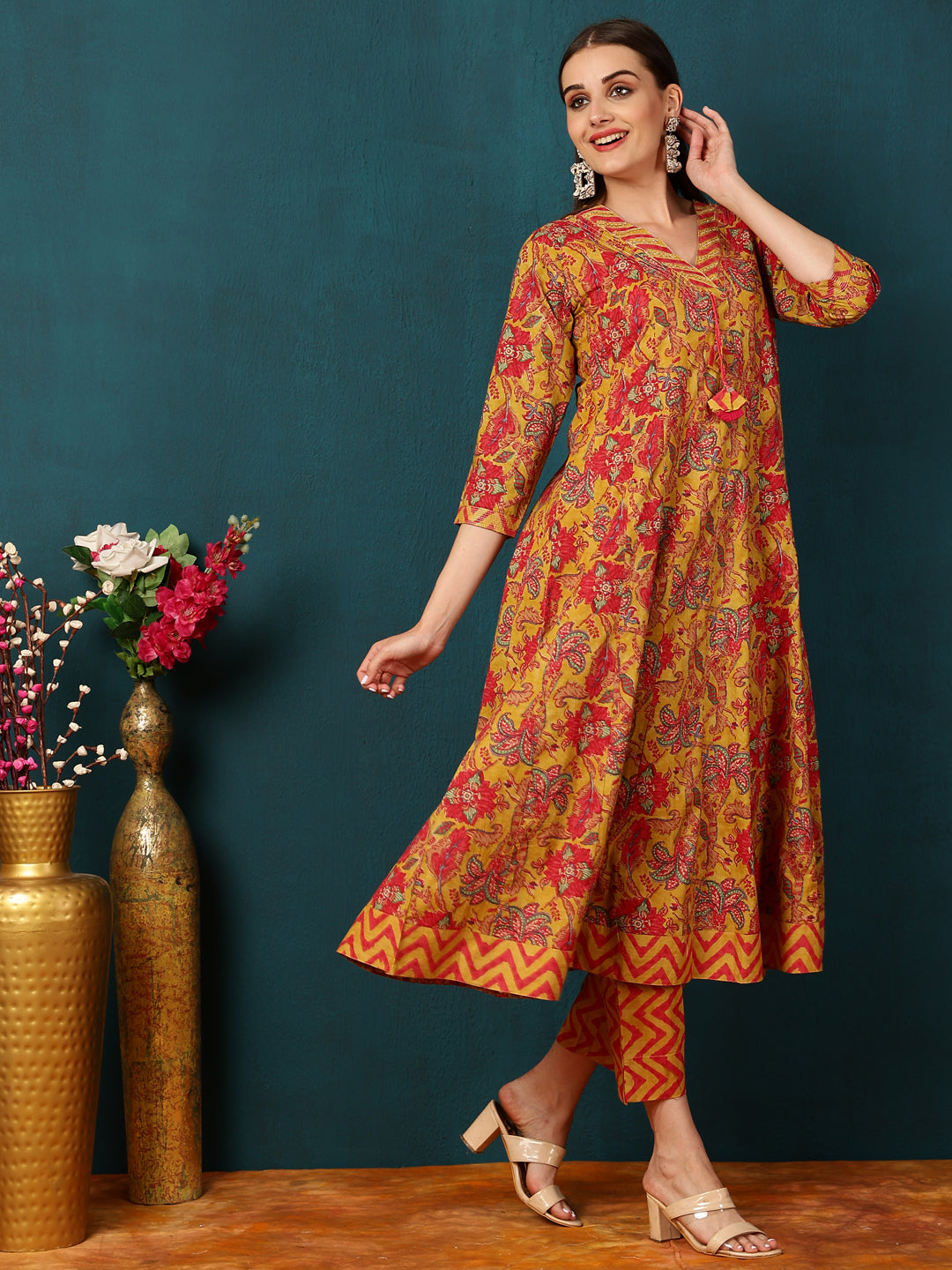 Cotton Calf Length Floral Semi-Flared 3/4 Sleeves V Kurta Bottom Dupatta Set