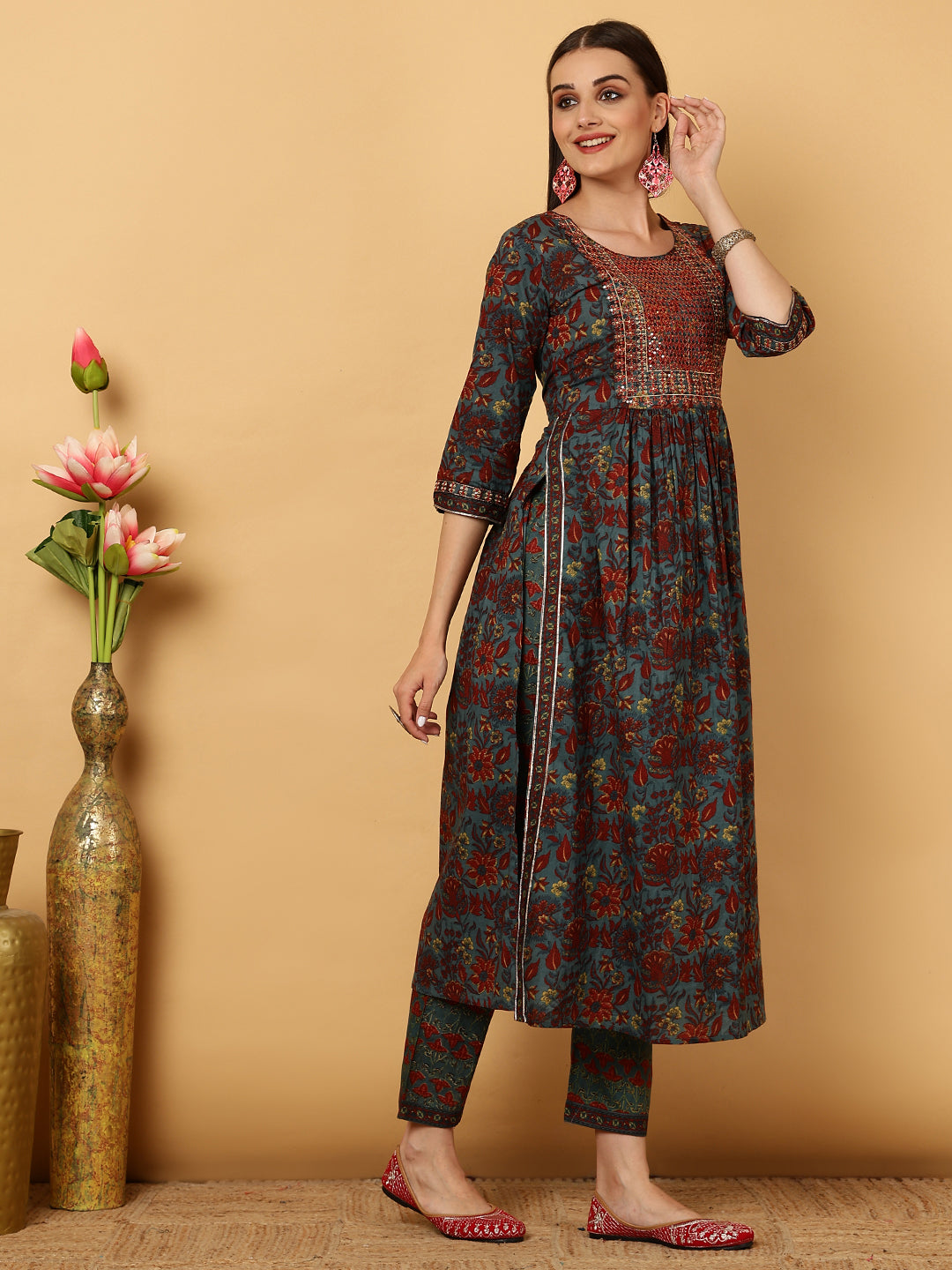 Cotton Calf Length Floral Semi-Flared 3/4 Sleeves Round Neck Kurta Bottom Dupatta Set
