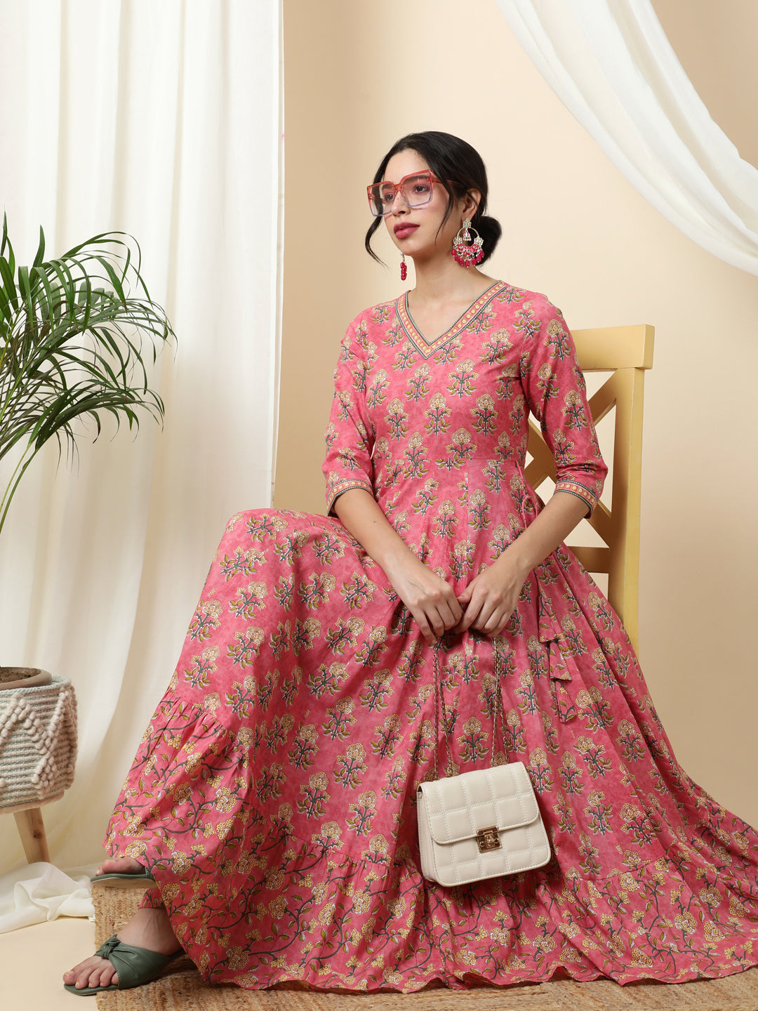 Cotton Calf Length Printed Flared 3/4 Sleeves V-Neck Kurta