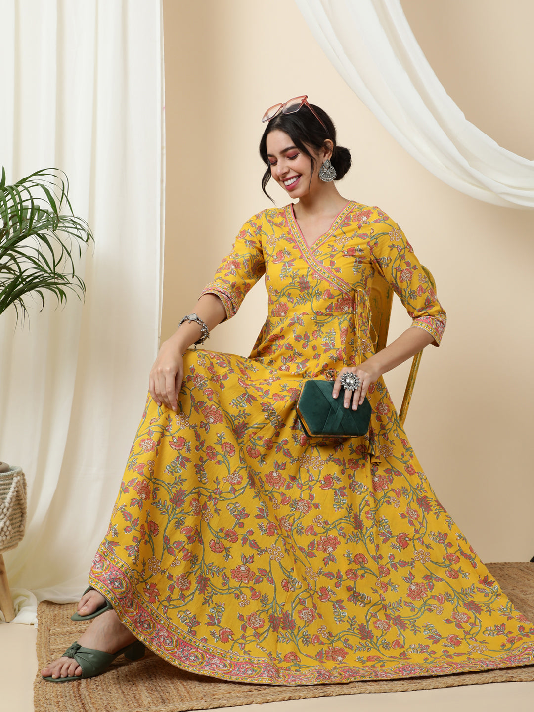Cotton Ankle Length Printed Flared 3/4 Sleeves V-Neck Kurta