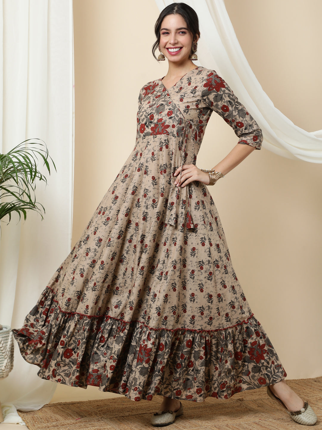 Cotton Ankle Length Printed Flared 3/4 Sleeves V-Neck Kurta