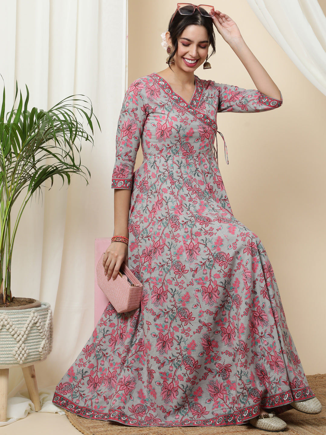 Cotton Ankle Length Printed Flared 3/4 Sleeves V-Neck Kurta