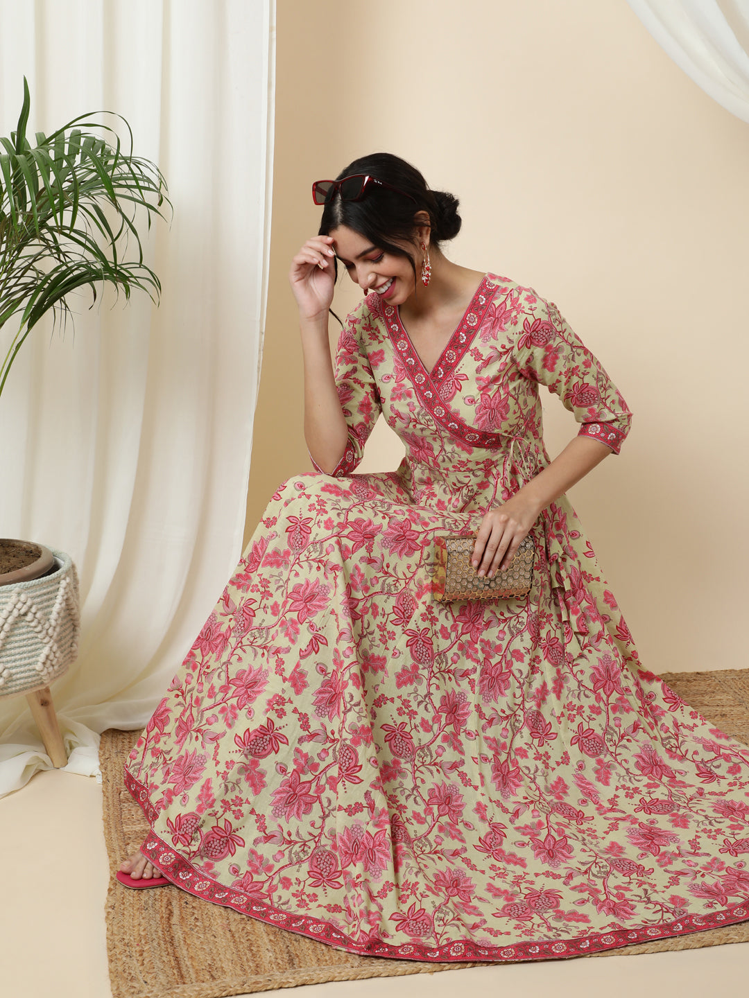 Cotton Ankle Length Printed Flared 3/4 Sleeves V-Neck Kurta
