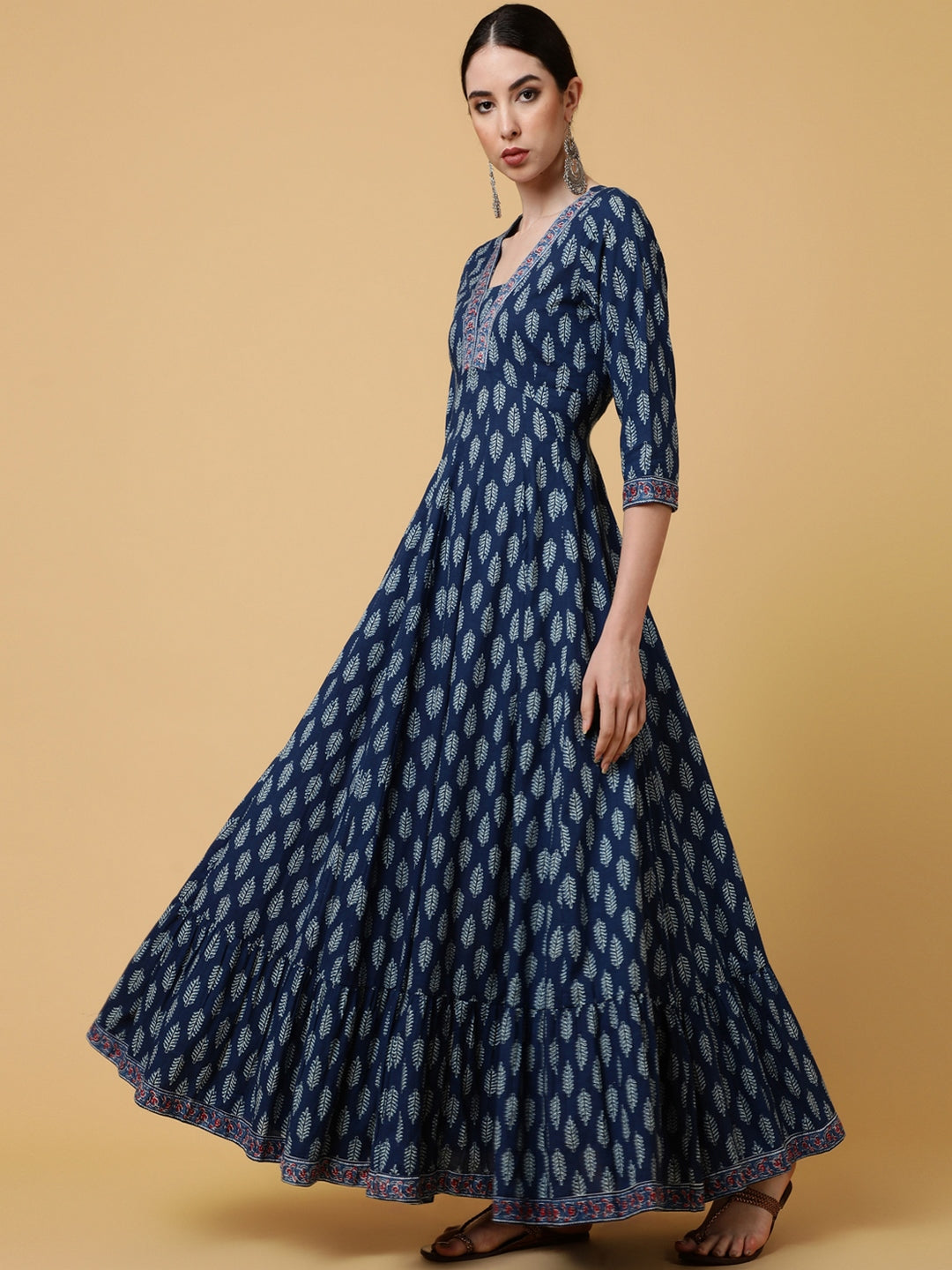 Cotton Ankle Length Printed Flared 3/4 Sleeves V-Neck Kurta