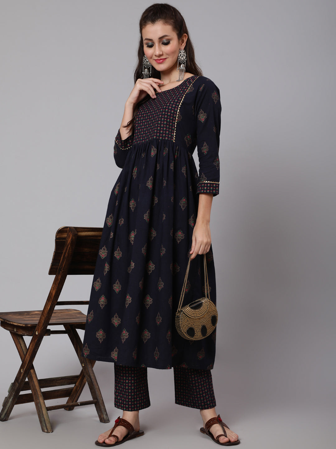 Cotton Printed Round Neck 3/4 Sleeve Flared Calf Length Ethnic Kurta Pants With Set