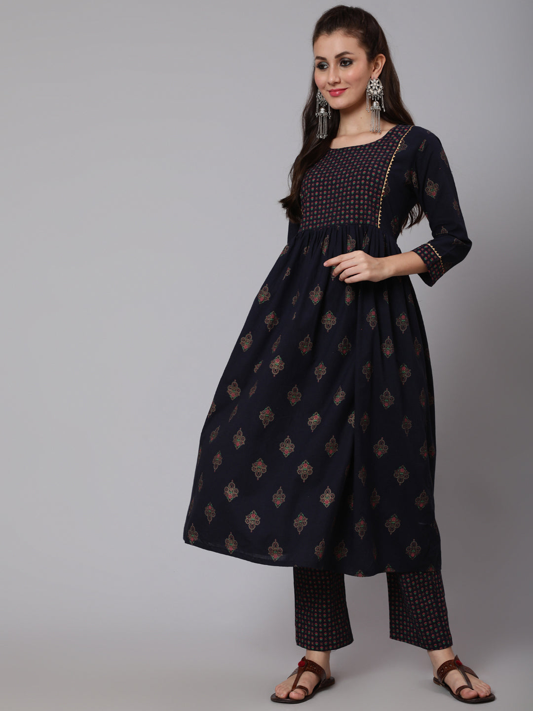 Cotton Printed Round Neck 3/4 Sleeve Flared Calf Length Ethnic Kurta Pants With Set