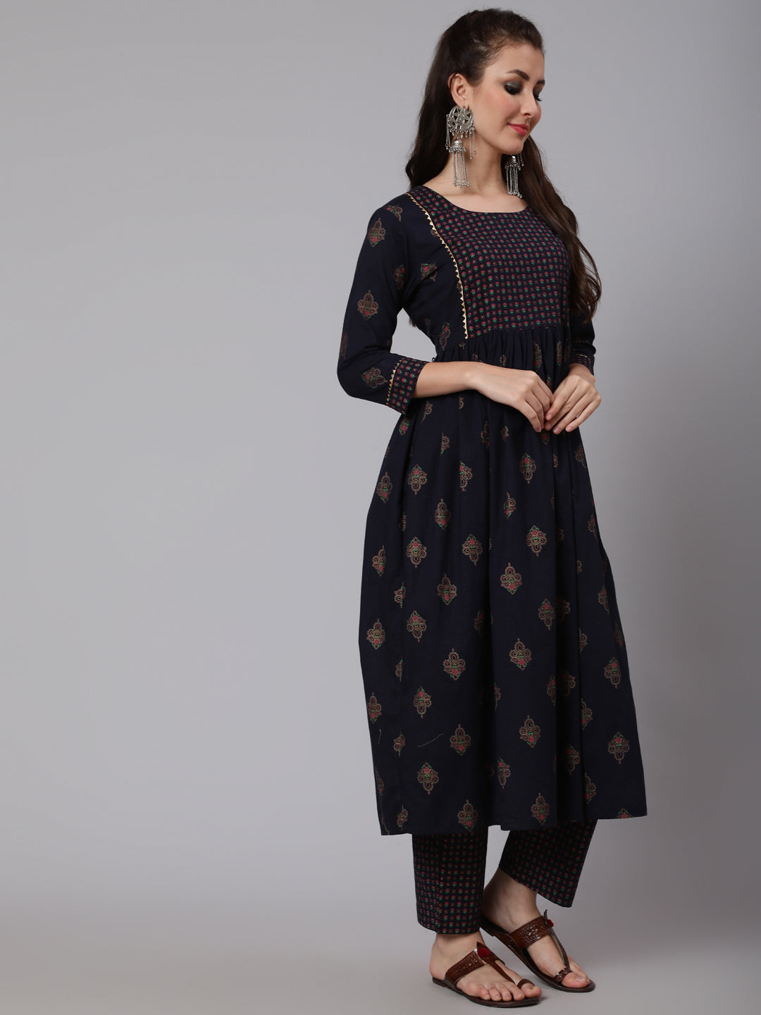 Cotton Printed Round Neck 3/4 Sleeve Flared Calf Length Ethnic Kurta Pants With Set