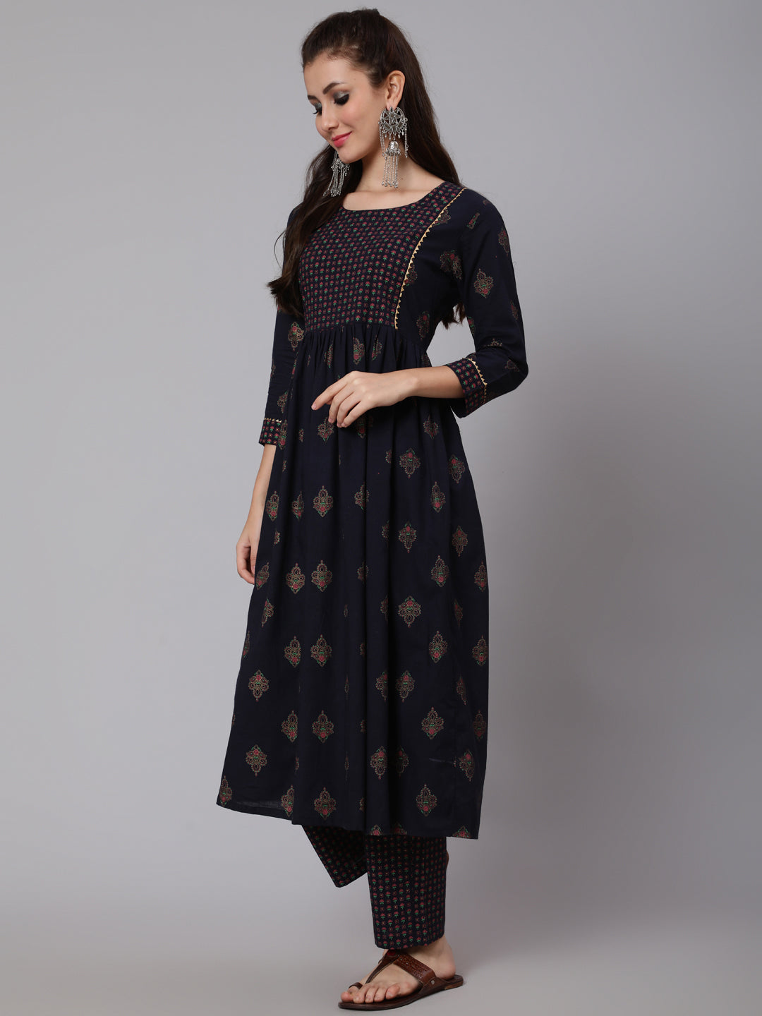 Cotton Printed Round Neck 3/4 Sleeve Flared Calf Length Ethnic Kurta Pants With Set
