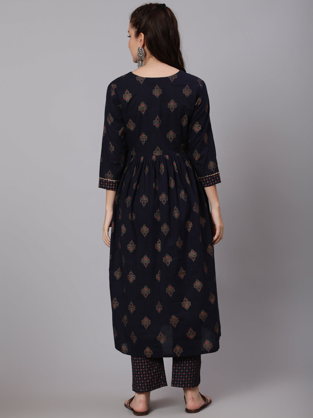 Cotton Printed Round Neck 3/4 Sleeve Flared Calf Length Ethnic Kurta Pants With Set