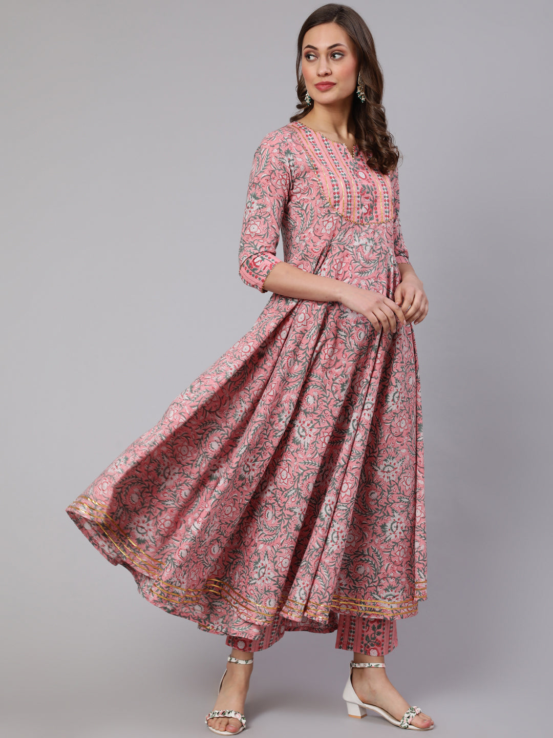 Cotton Printed Ankle Length Flared Round Neck Kurta, Pants With Dupatta Set