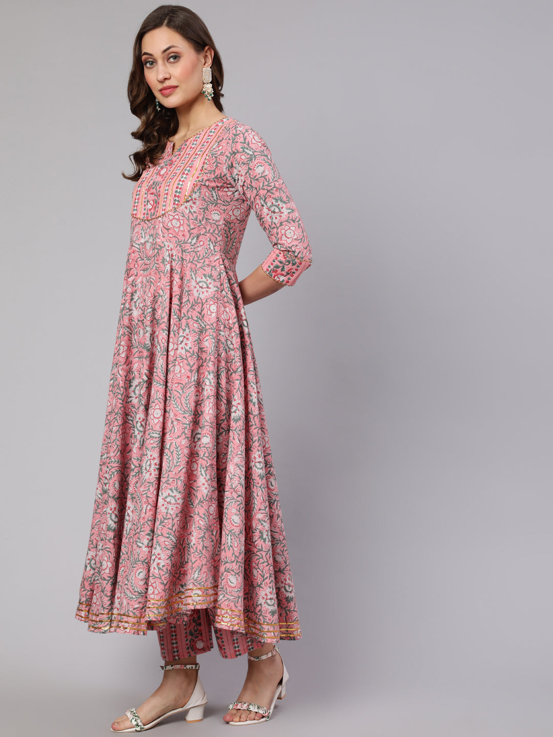Cotton Printed Ankle Length Flared Round Neck Kurta, Pants With Dupatta Set