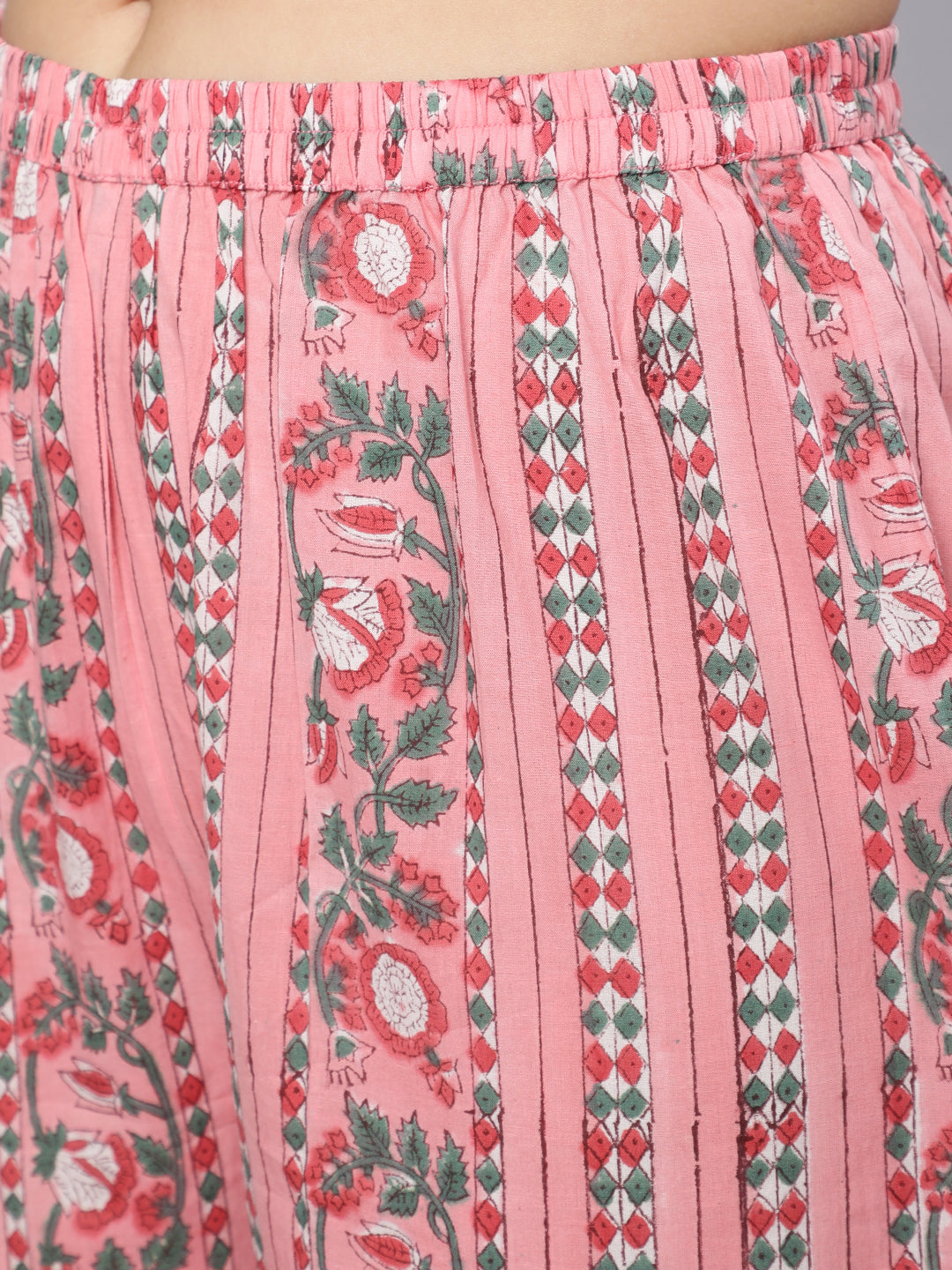 Cotton Printed Ankle Length Flared Round Neck Kurta, Pants With Dupatta Set