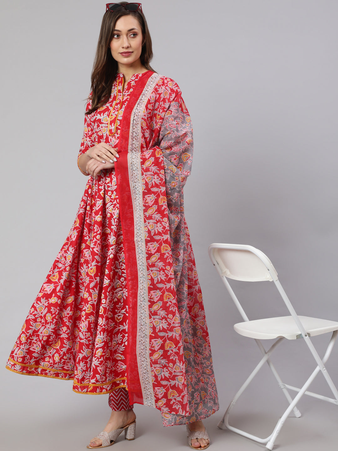 Cotton Printed Ankle Length Flared 3/4 Sleeve Mandarin Neck Kurta, Pants With Dupatta Set