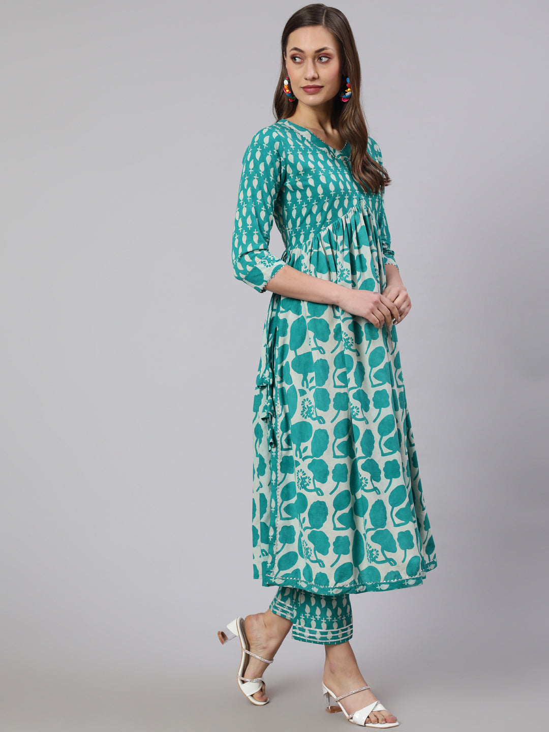 Cotton Printed Ankle Length Flared 3/4 Sleeve V Neck Kurta, Pants With Dupatta Set