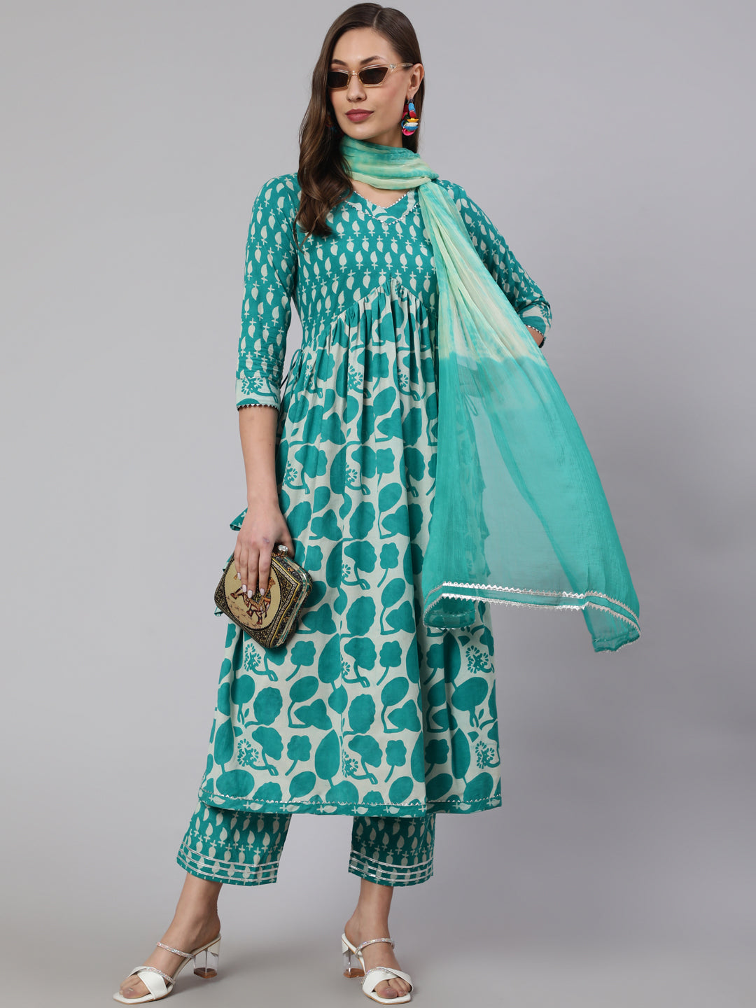 Cotton Printed Ankle Length Flared 3/4 Sleeve V Neck Kurta, Pants With Dupatta Set