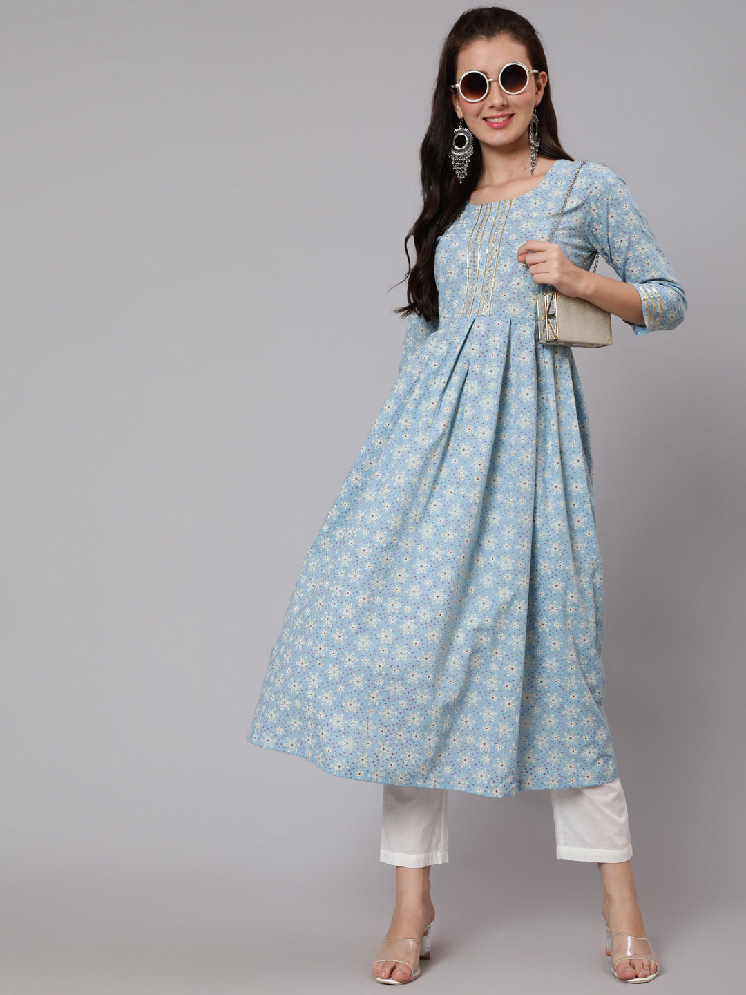 Cotton Calf Length Flared 3/4 Sleeve Round Neck Printed Kurta