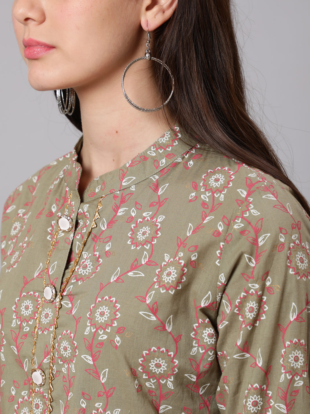 Cotton Calf Length Flared 3/4 Sleeve Mandarin Neck Printed Kurta