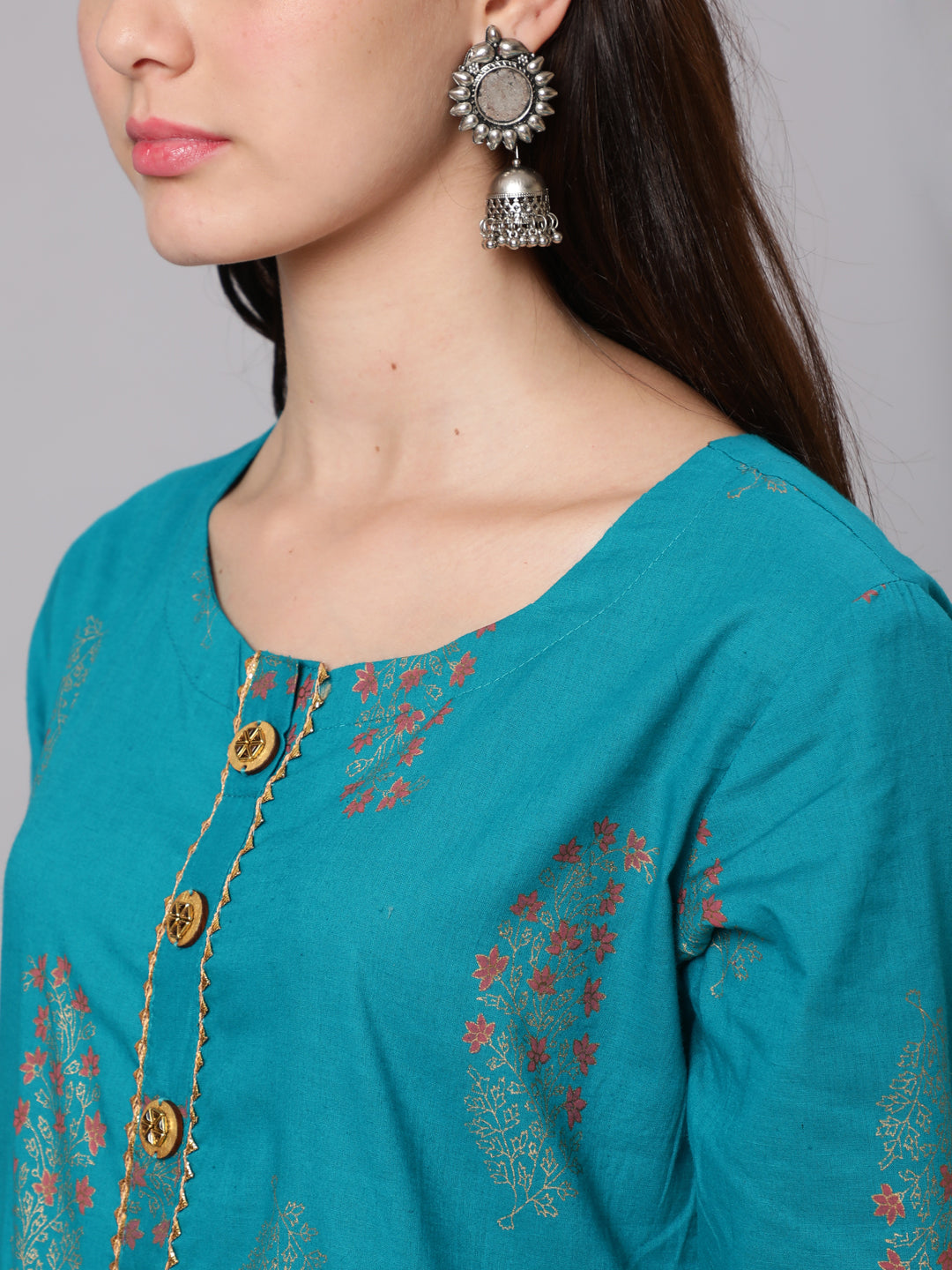 Cotton Calf Length Flared 3/4 Sleeve Round Neck Printed Kurta
