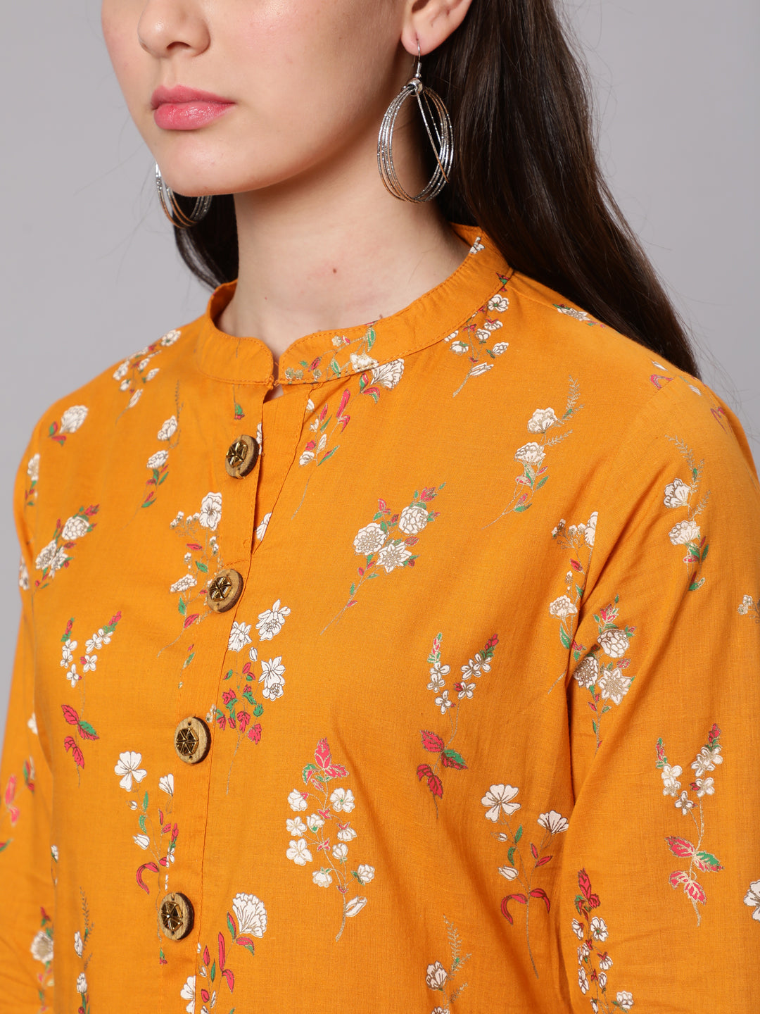 Cotton Calf Length Flared 3/4 Sleeve Round Neck Printed Kurta