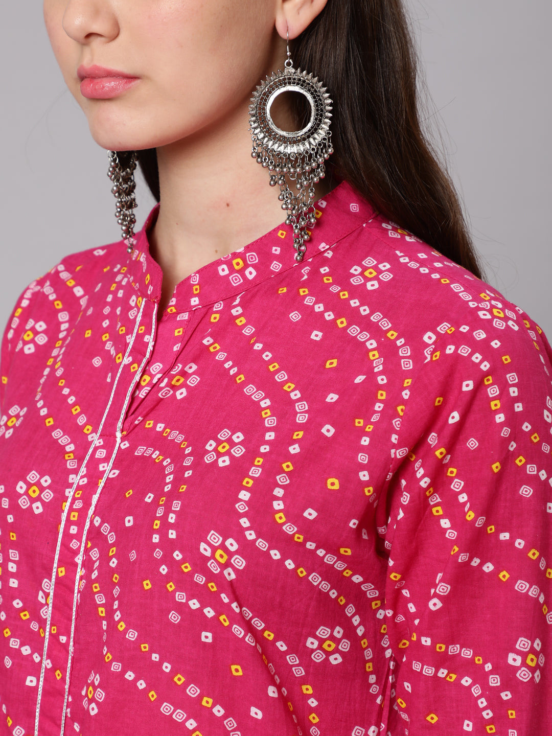 Cotton Calf Length Flared 3/4 Sleeve Mandarin Neck Printed Kurta