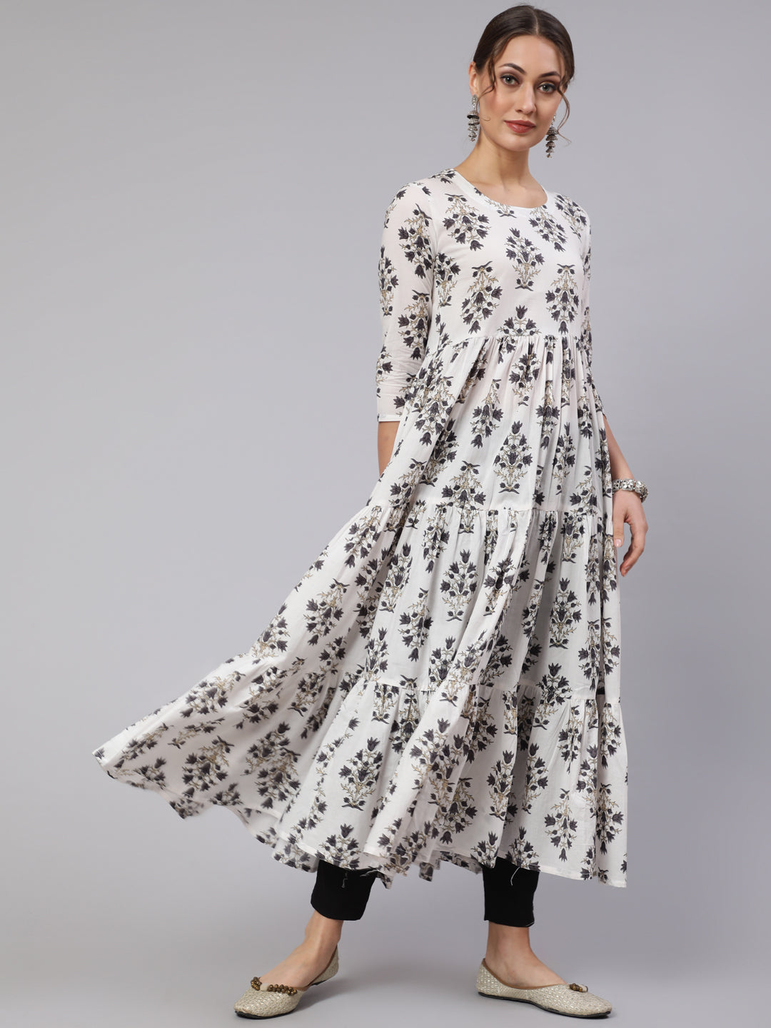 Rayon Printed Round Neck 3/4 Sleeve Flared Kurta