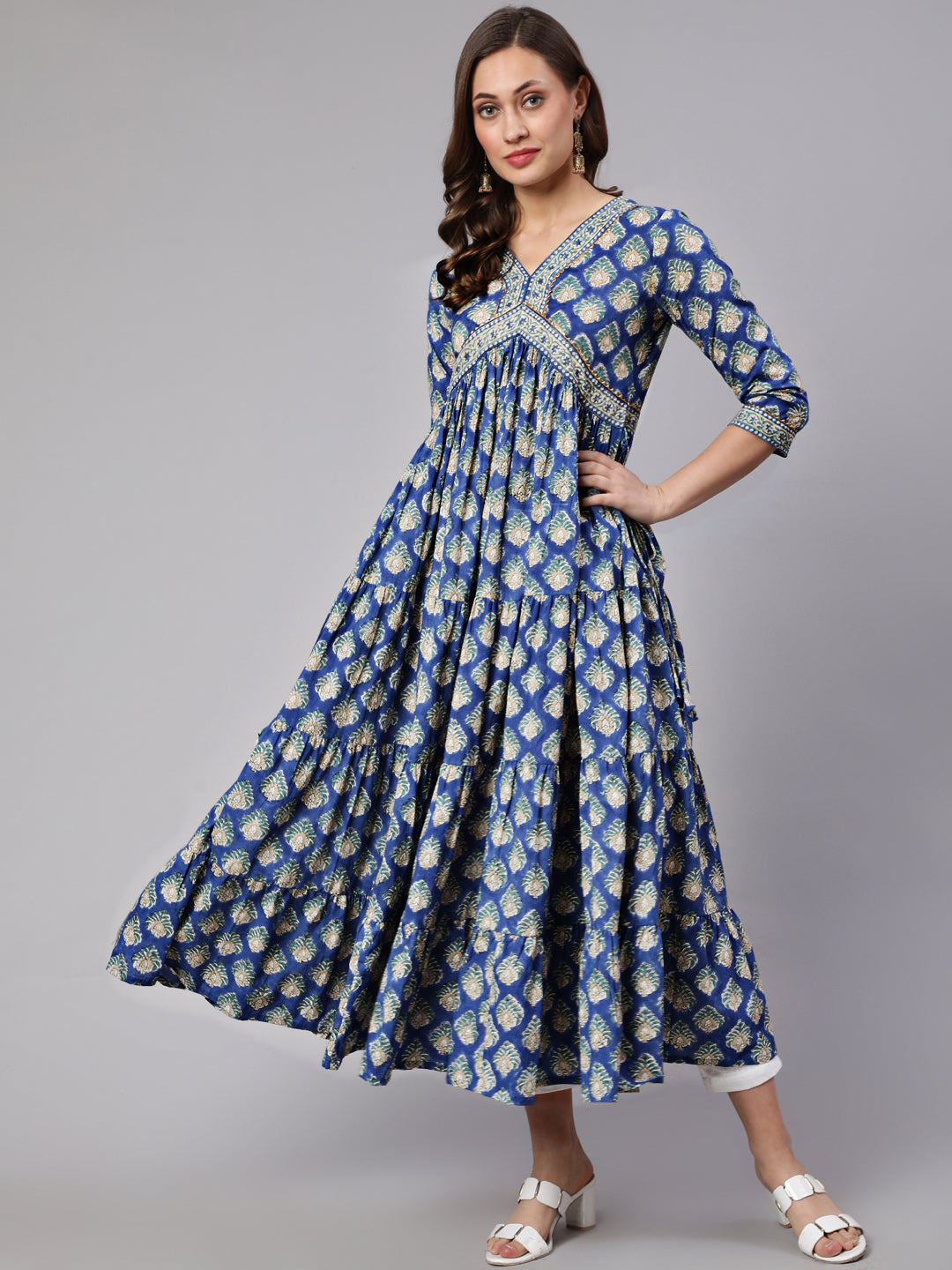 Cotton Printed V Neck 3/4 Sleeve Flared Ankle Length Ethnic Kurta