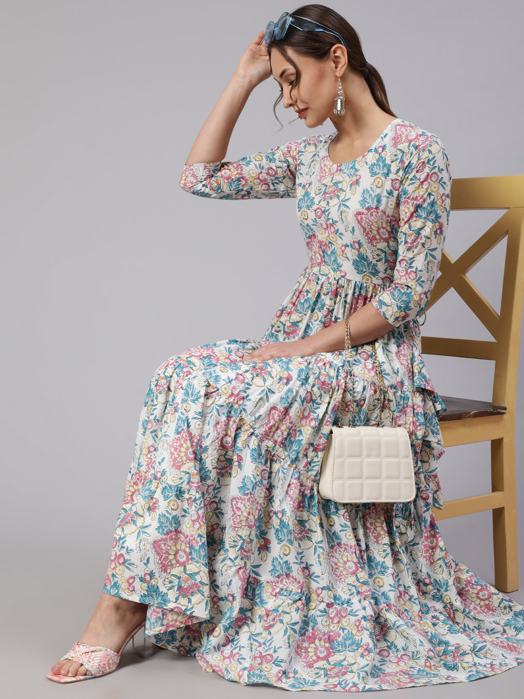 Cotton Printed V Neck 3/4 Sleeve Flared Kurta