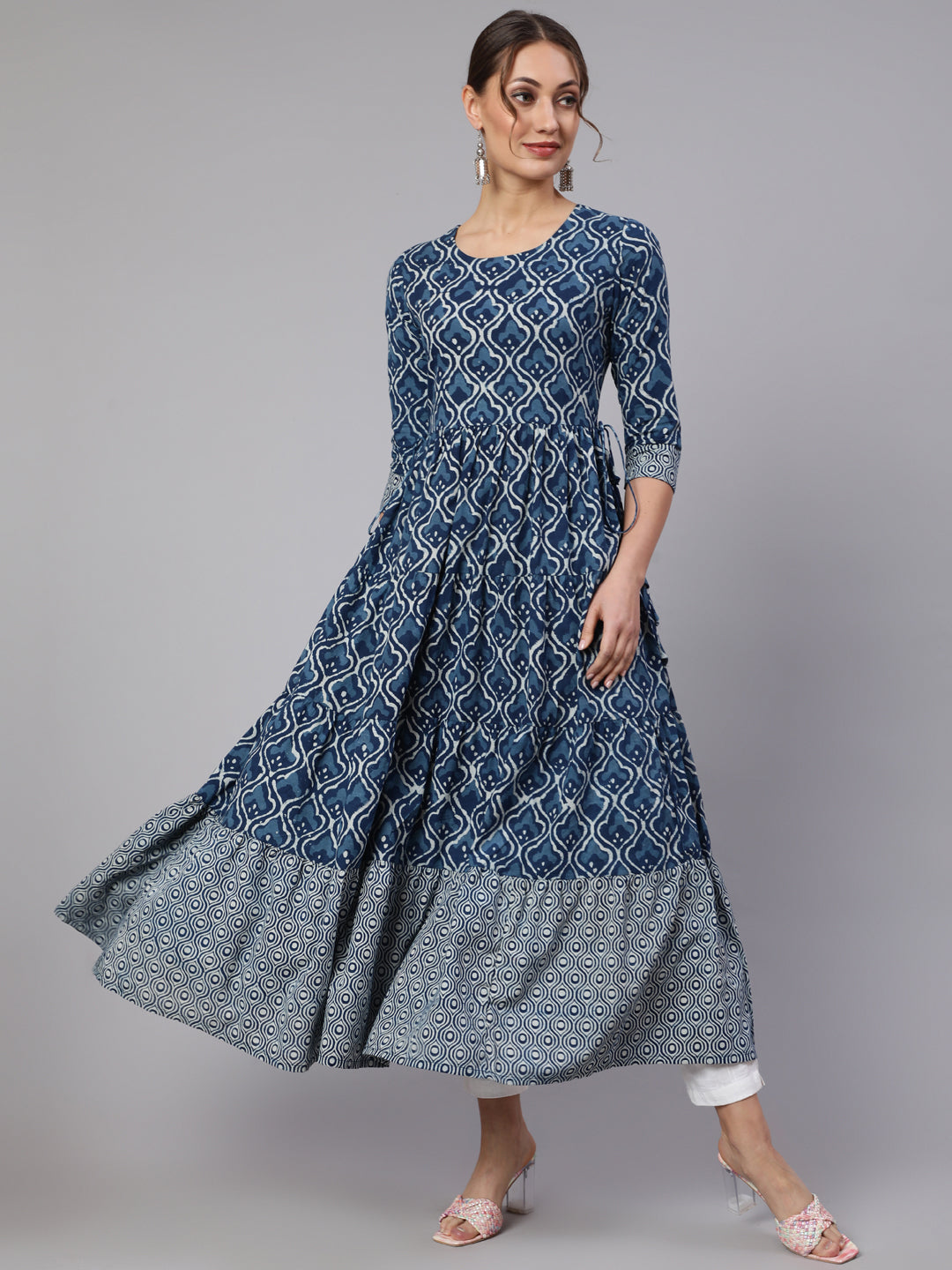 Cotton Printed V Neck 3/4 Sleeve Flared Kurta