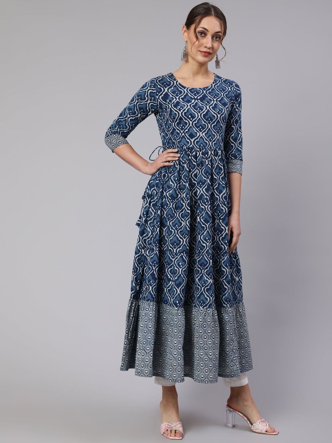 Cotton Printed V Neck 3/4 Sleeve Flared Kurta