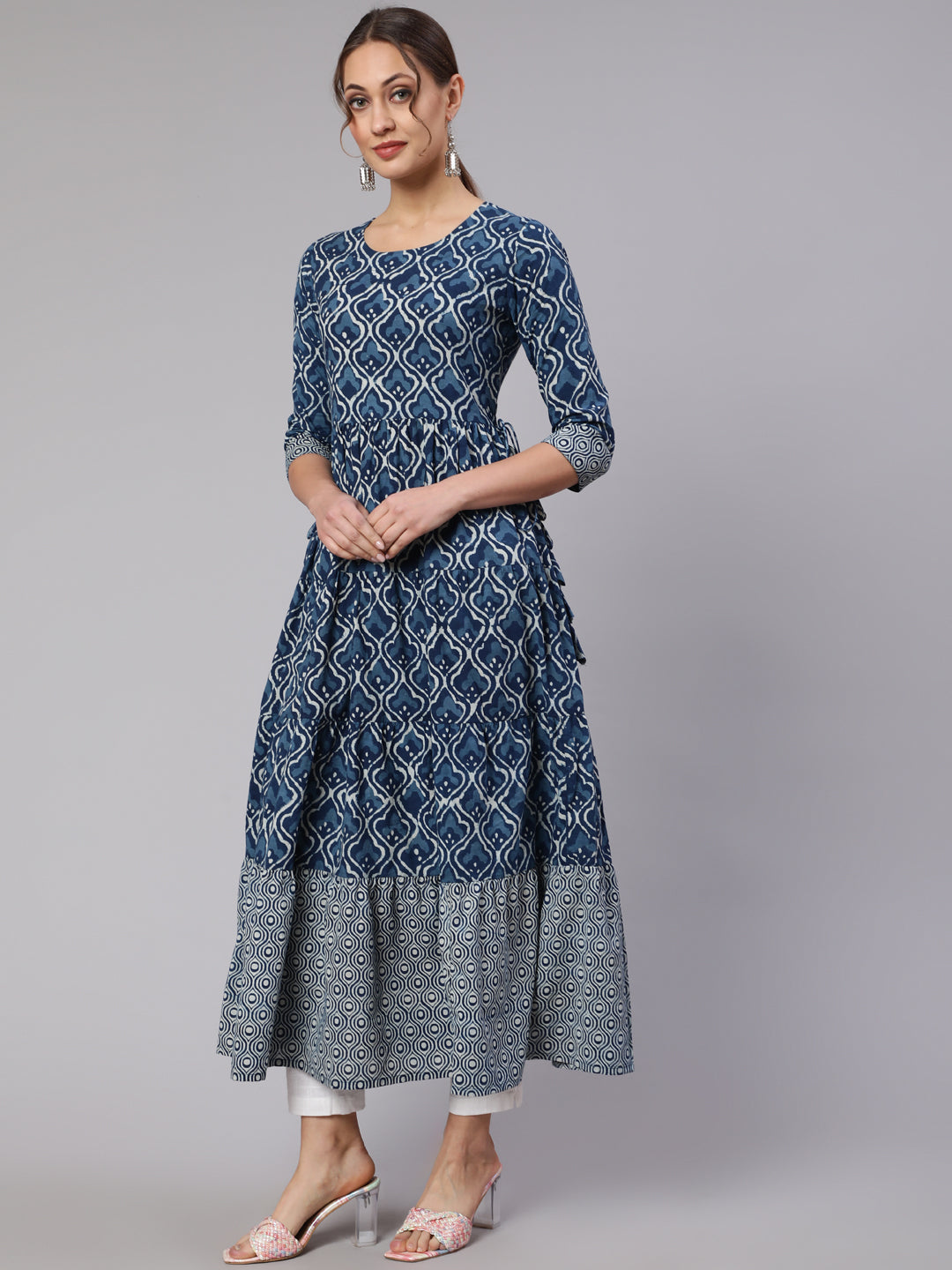 Cotton Printed V Neck 3/4 Sleeve Flared Kurta