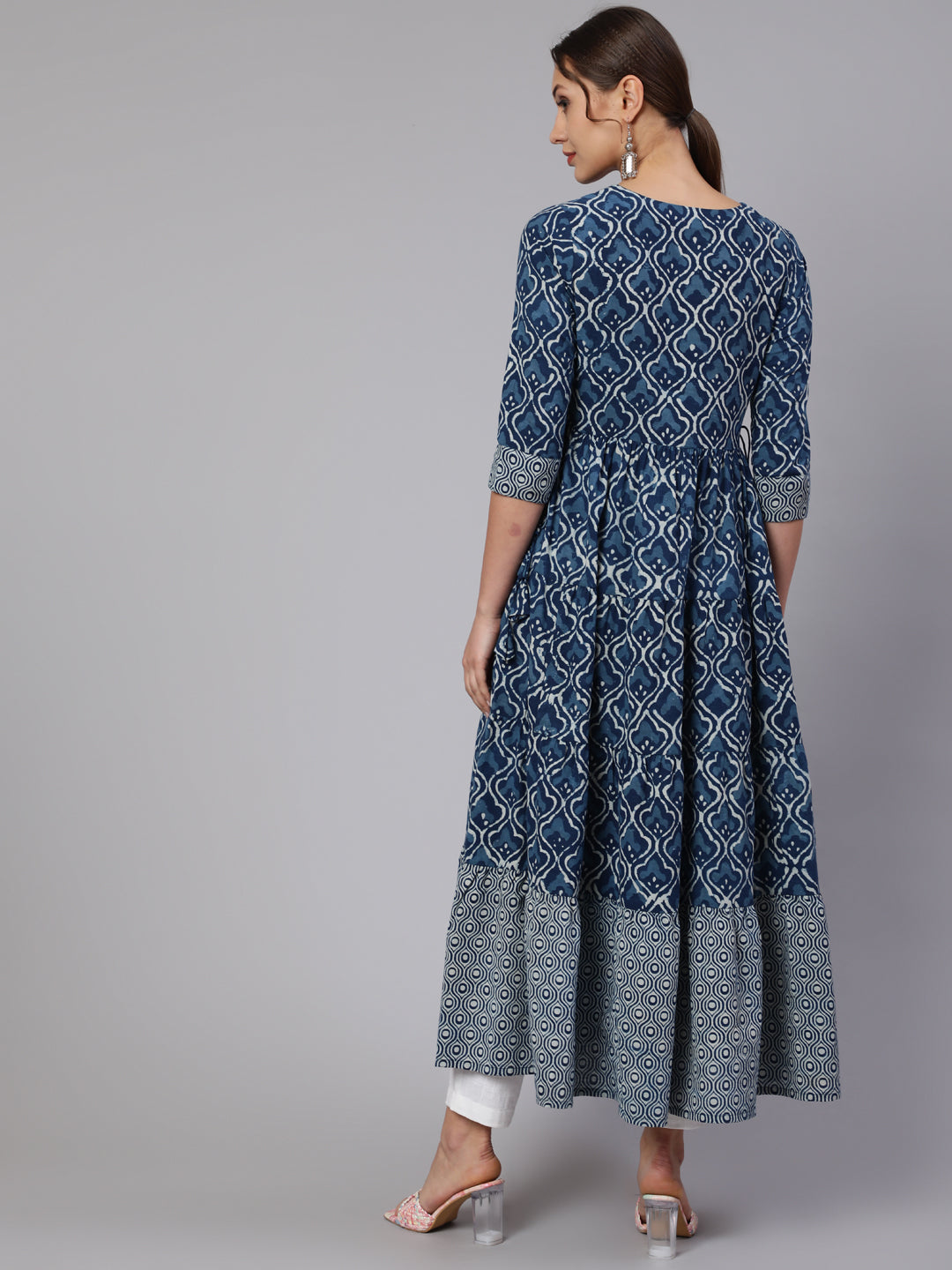 Cotton Printed V Neck 3/4 Sleeve Flared Kurta