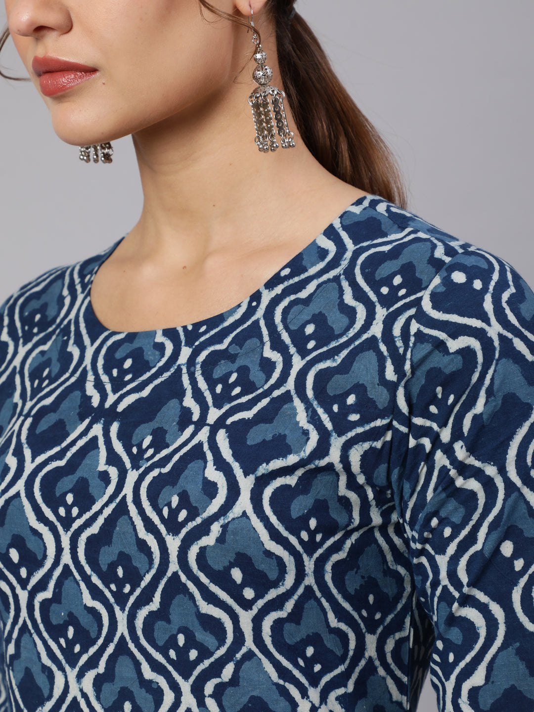 Cotton Printed V Neck 3/4 Sleeve Flared Kurta