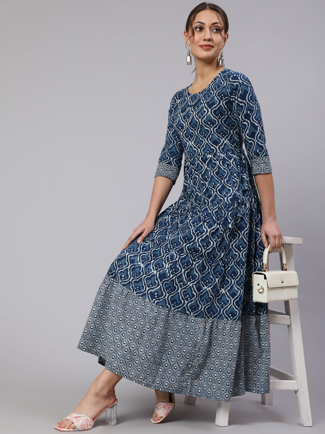 Cotton Printed V Neck 3/4 Sleeve Flared Kurta
