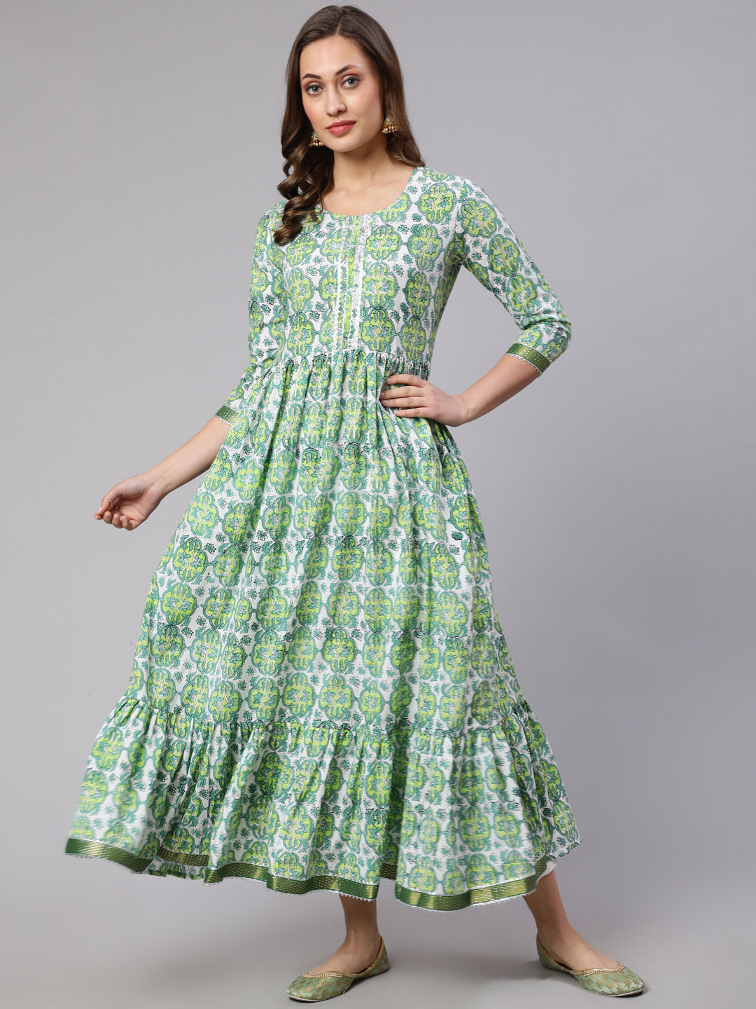 Cotton Printed Round Neck 3/4 Sleeve Flared Kurta