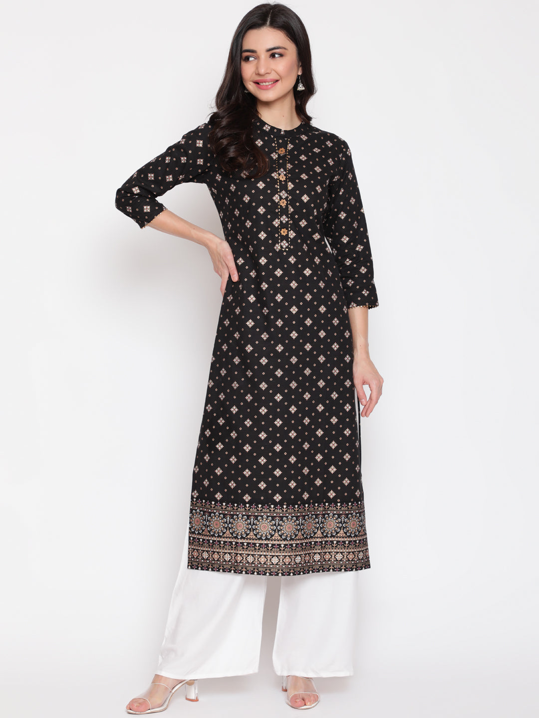 Cotton Printed Mandarin Neck 3/4 Sleeve Straight Calf Length Ethnic Kurta