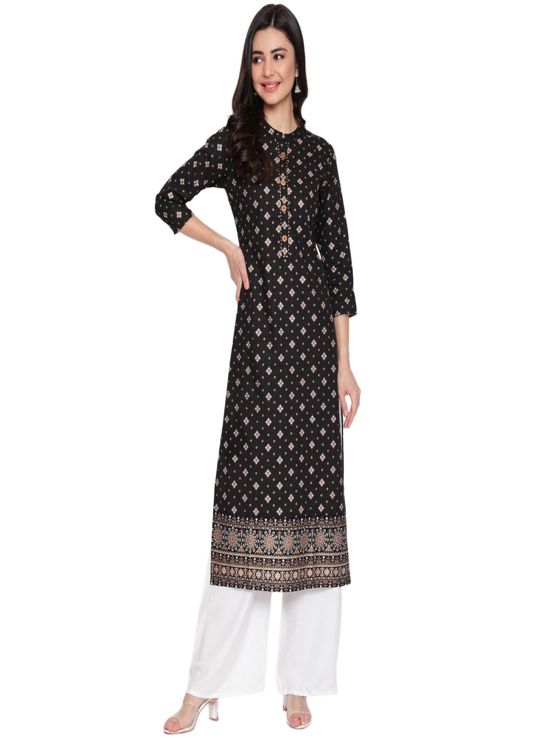 Cotton Printed Mandarin Neck 3/4 Sleeve Straight Calf Length Ethnic Kurta
