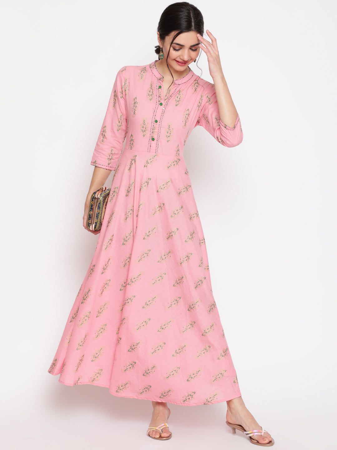 Cotton Printed Mandarin Neck 3/4 Sleeve Flared Ankle Length Ethnic Kurta