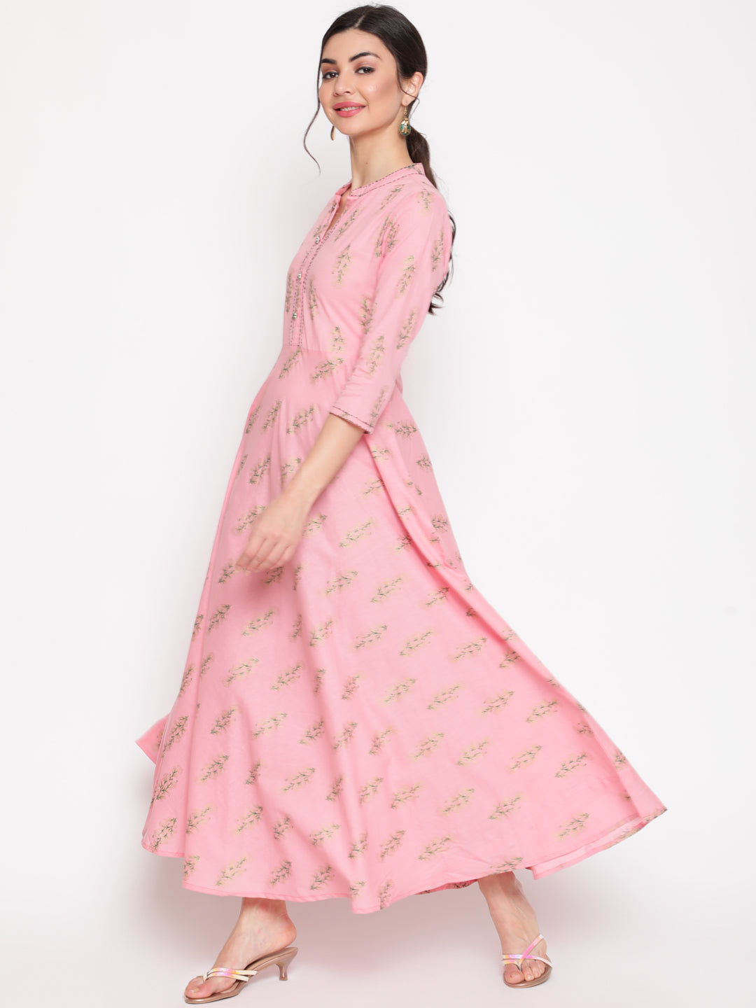 Cotton Printed Mandarin Neck 3/4 Sleeve Flared Ankle Length Ethnic Kurta