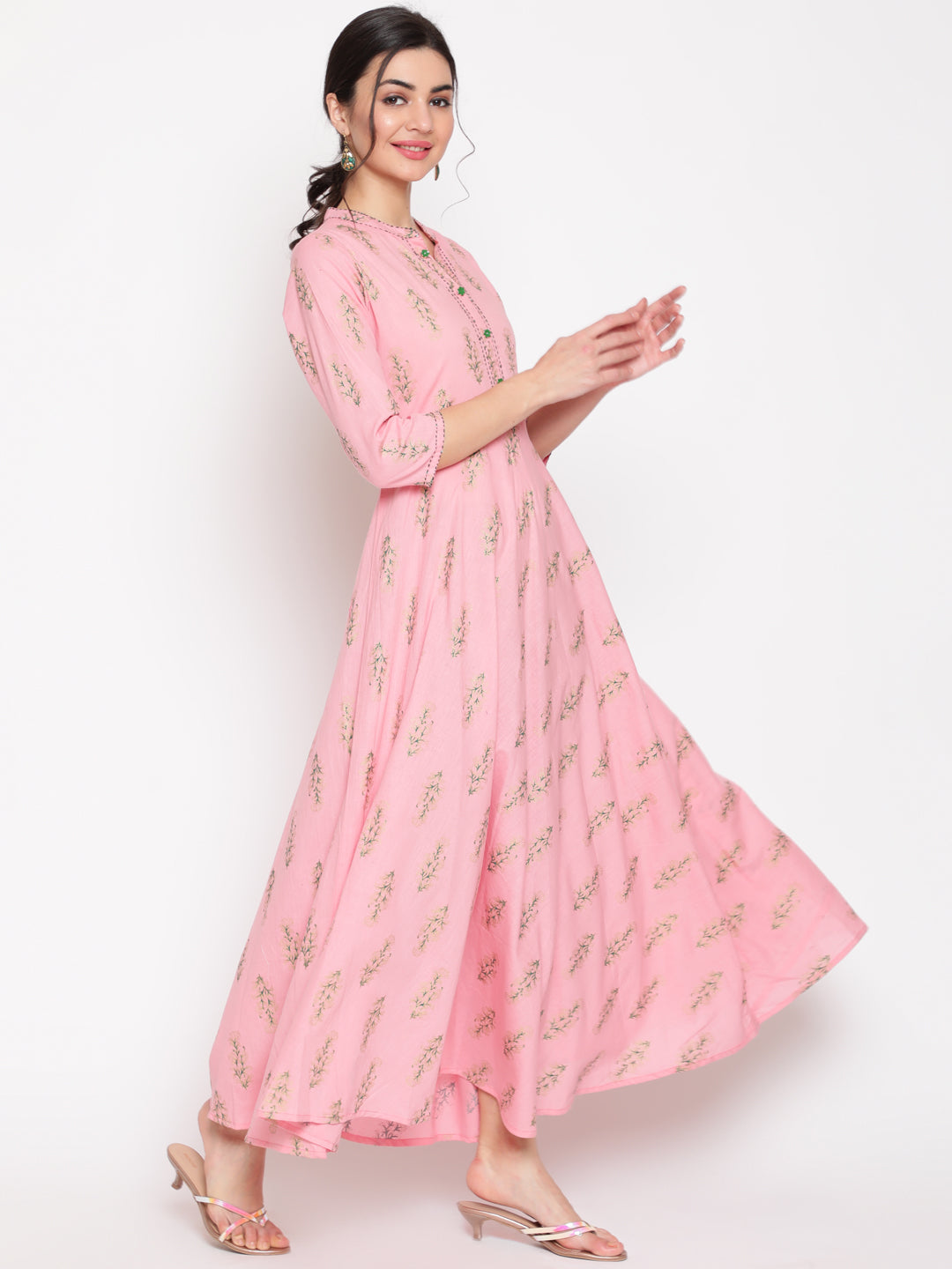 Cotton Printed Mandarin Neck 3/4 Sleeve Flared Ankle Length Ethnic Kurta