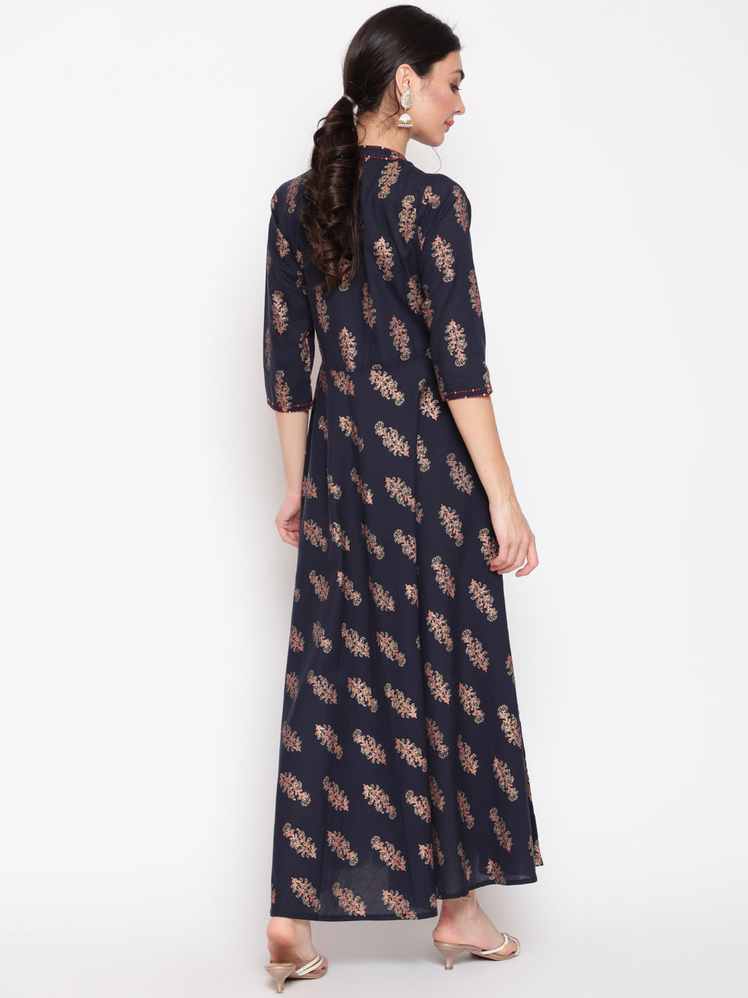 Cotton Printed Mandarin Neck 3/4 Sleeve Flared Ankle Length Ethnic Kurta