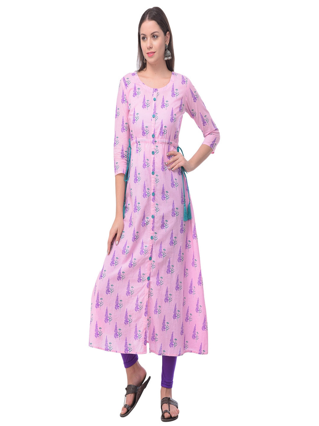 Cotton Printed Round Neck 3/4 Sleeve A-Line Calf Length