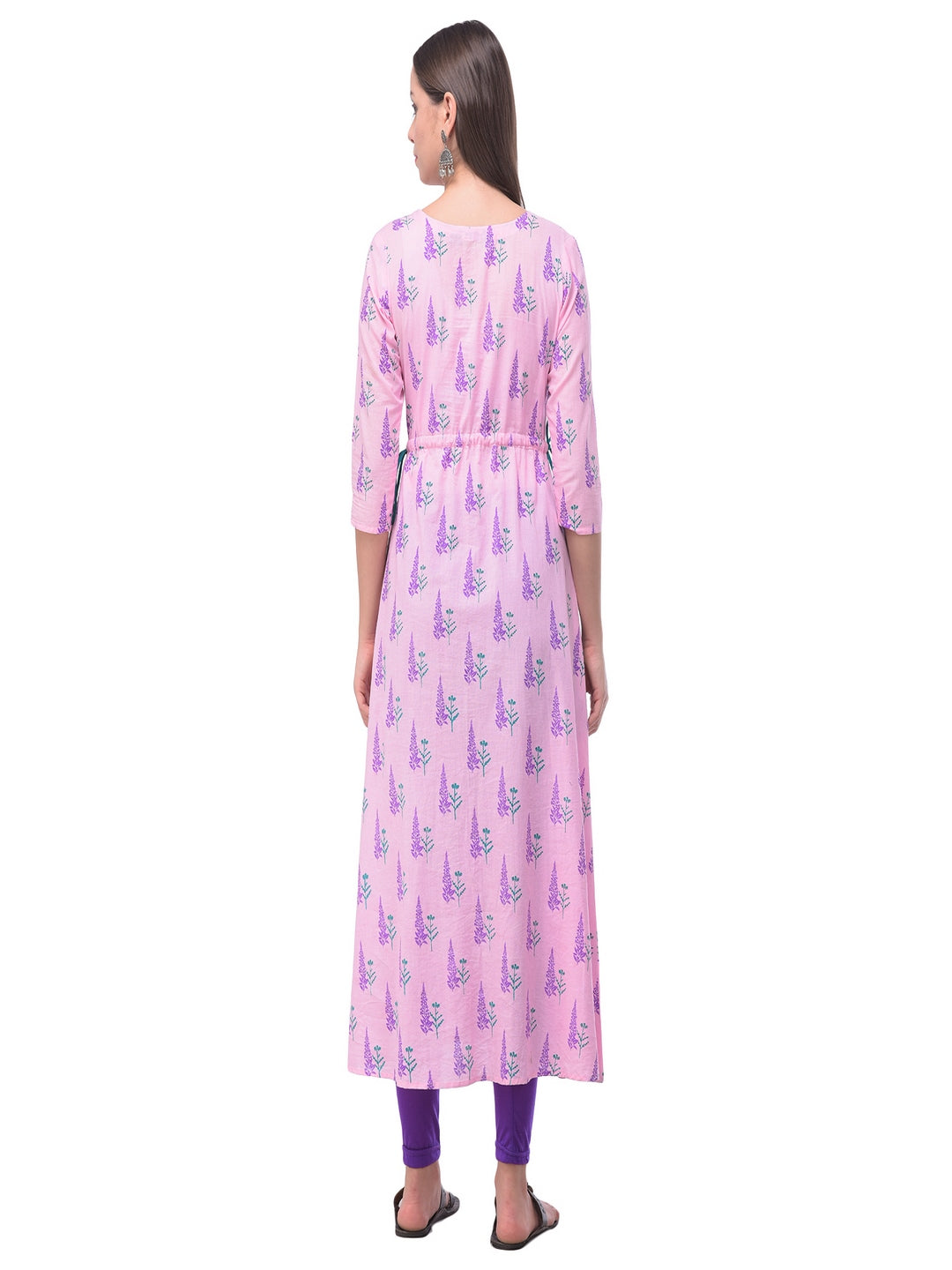 Cotton Printed Round Neck 3/4 Sleeve A-Line Calf Length