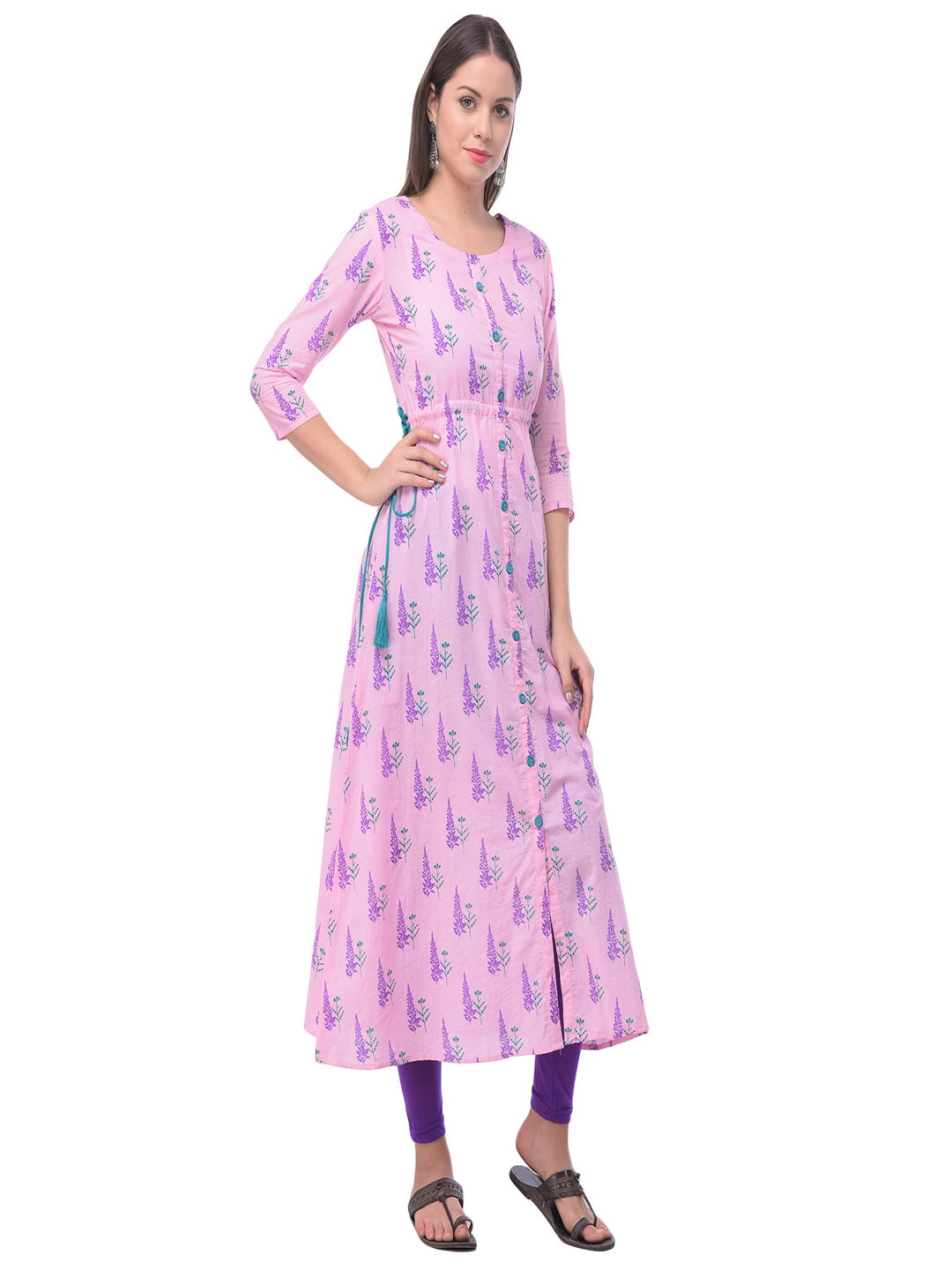 Cotton Printed Round Neck 3/4 Sleeve A-Line Calf Length