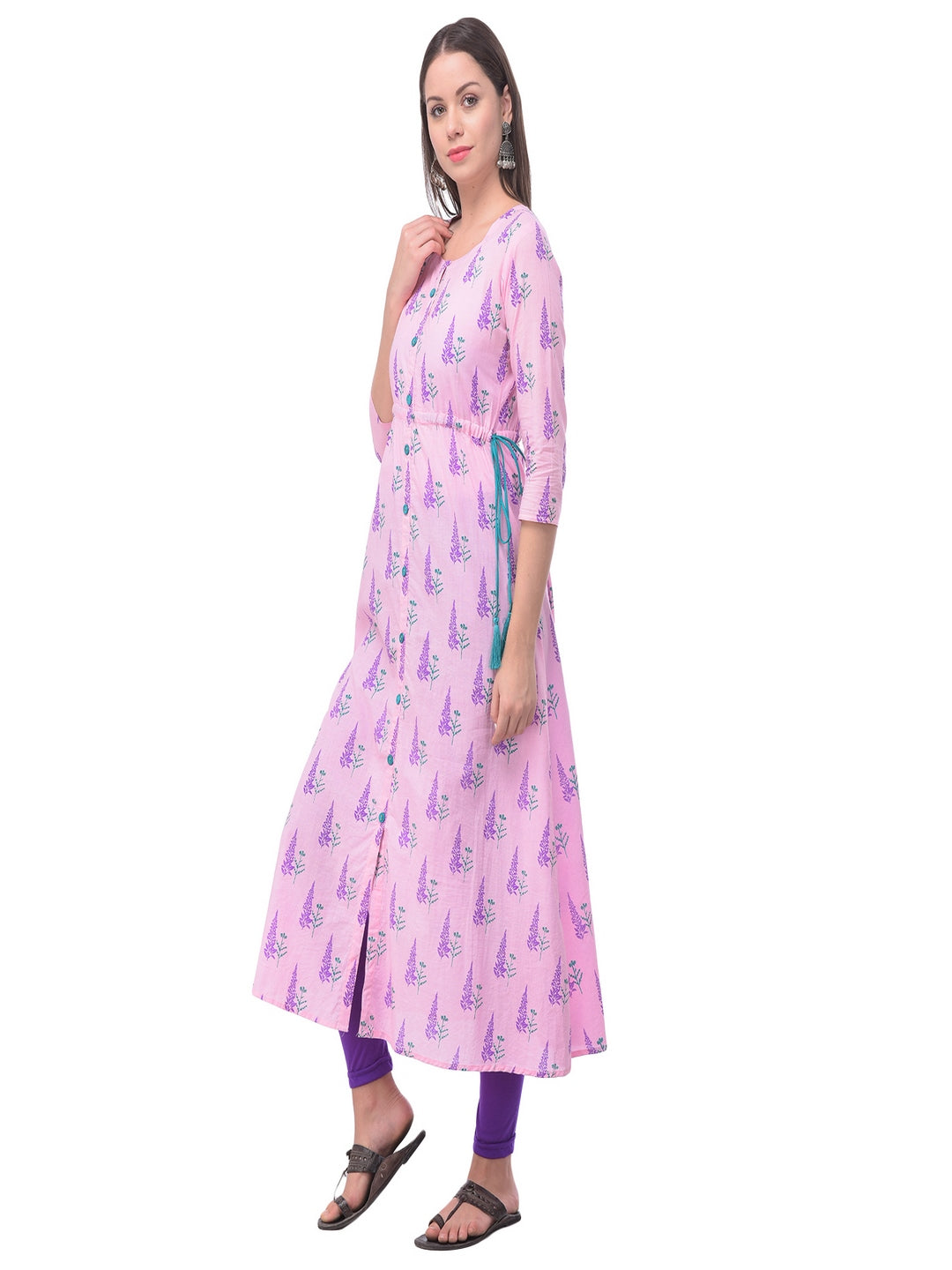 Cotton Printed Round Neck 3/4 Sleeve A-Line Calf Length