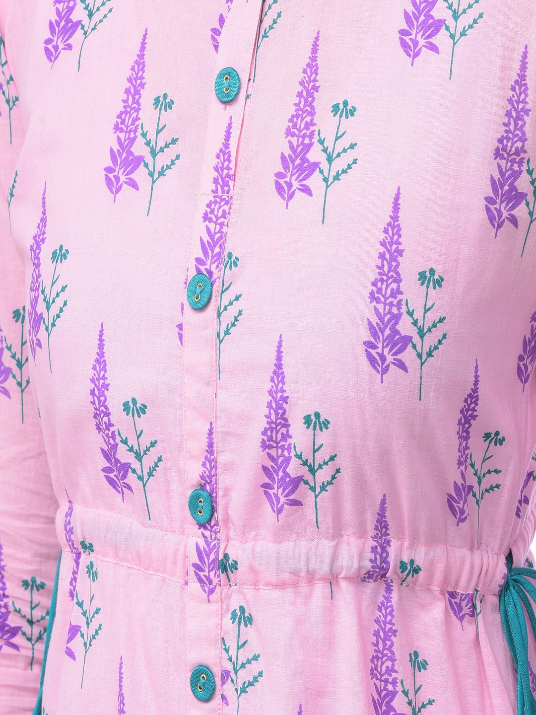 Cotton Printed Round Neck 3/4 Sleeve A-Line Calf Length