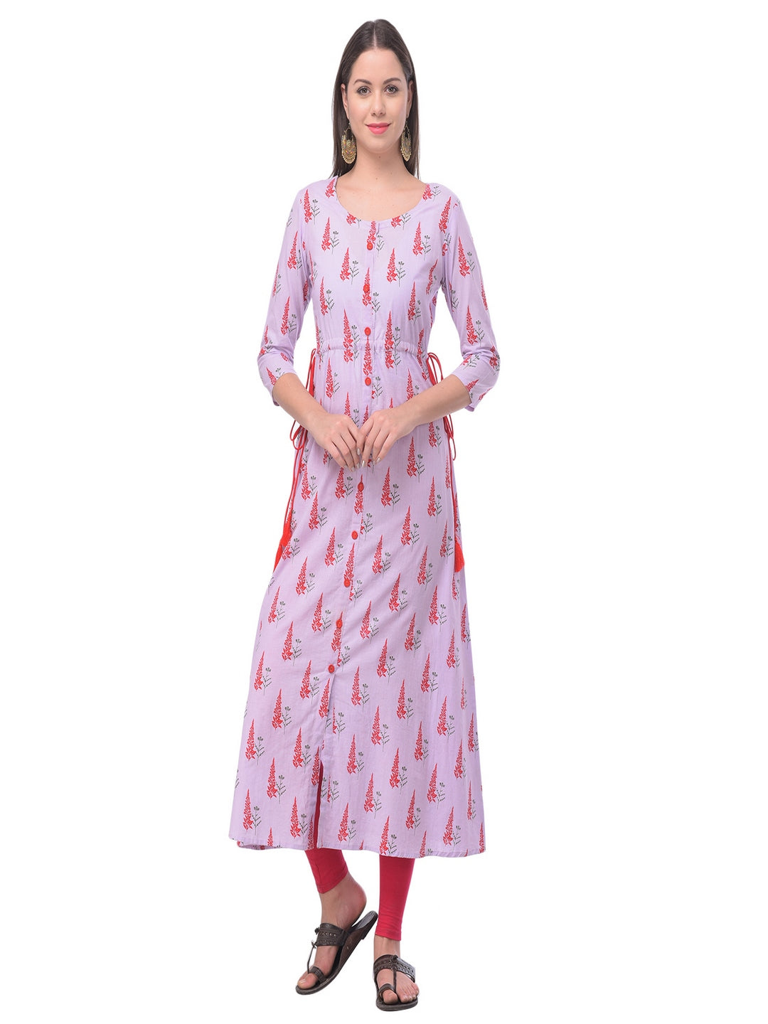 Cotton Printed Round Neck 3/4 Sleeve A-Line Calf Length