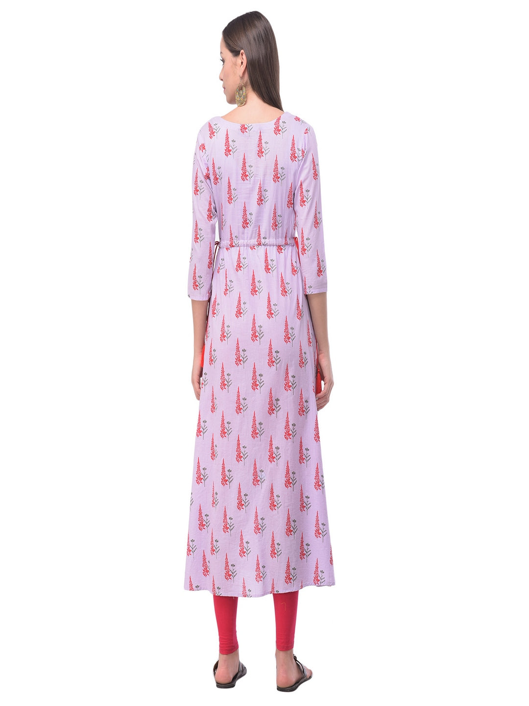 Cotton Printed Round Neck 3/4 Sleeve A-Line Calf Length
