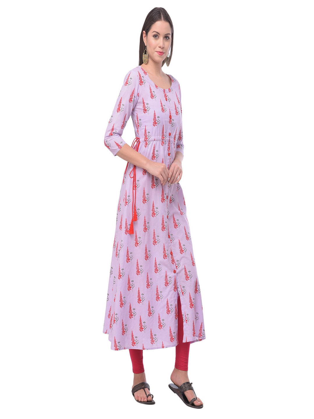 Cotton Printed Round Neck 3/4 Sleeve A-Line Calf Length