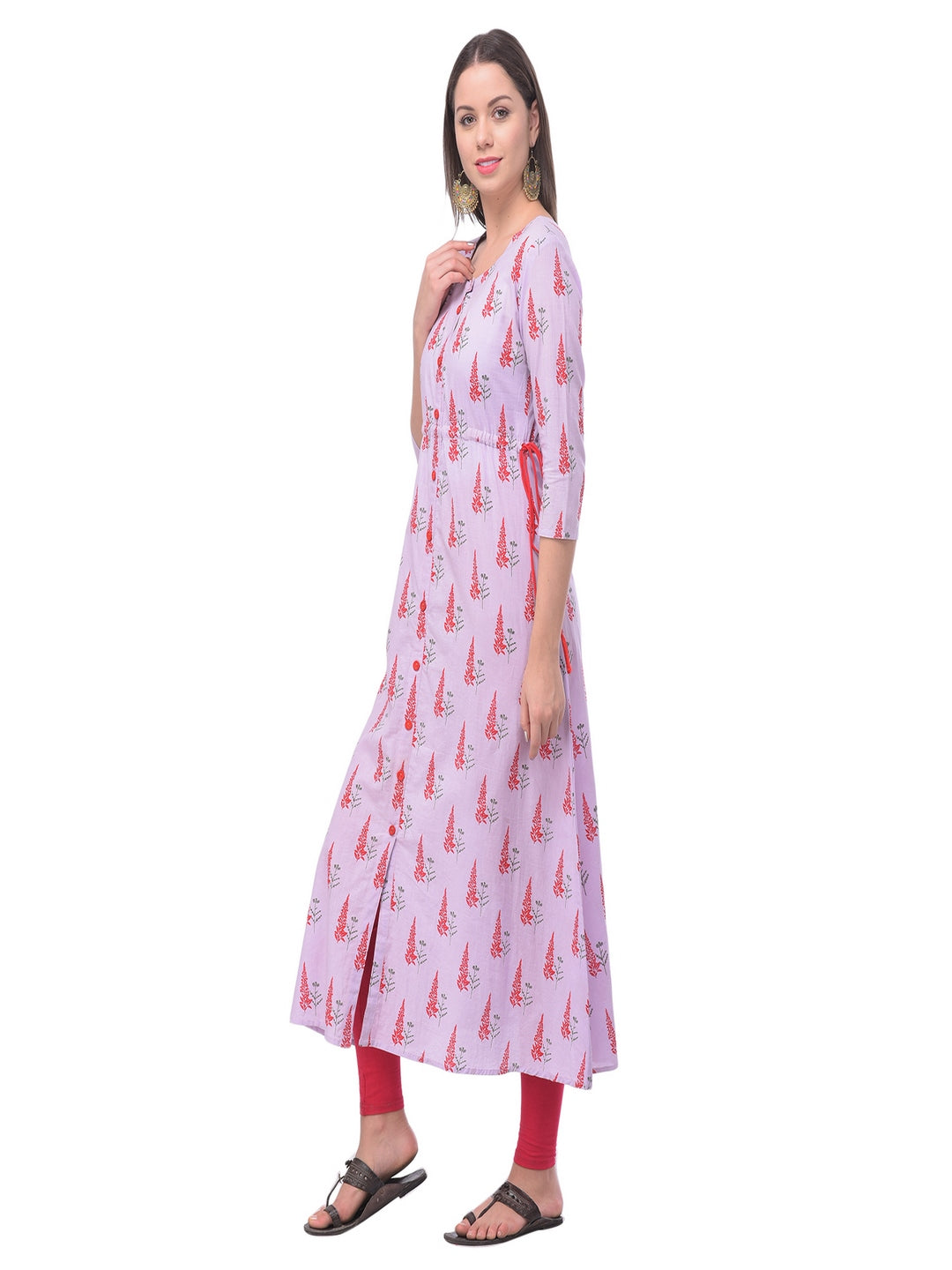 Cotton Printed Round Neck 3/4 Sleeve A-Line Calf Length