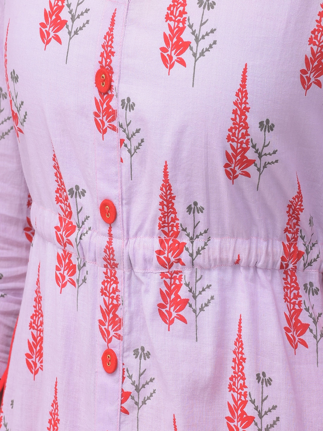 Cotton Printed Round Neck 3/4 Sleeve A-Line Calf Length